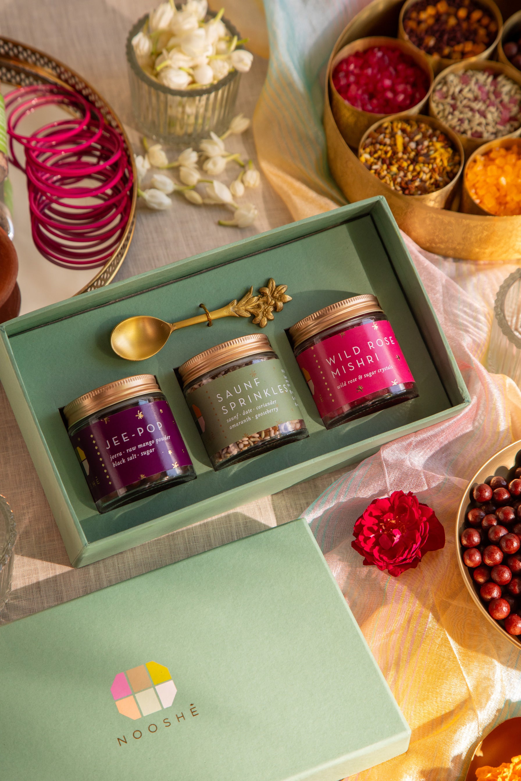 Elaichi Gift Box 🎉 (Set of 3 Jars & a Brass Spoon)